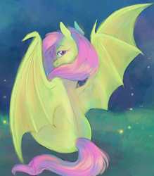 Size: 1400x1600 | Tagged: safe, artist:abbytabbys, derpibooru import, fluttershy, bat pony, pony, g4, alternate eye color, bat ponified, bat wings, colored eyebrows, detailed background, digital painting, eyebrows, female, flutterbat, grass, lidded eyes, long mane, long tail, looking at you, looking back, looking back at you, mare, narrowed eyes, night, one wing out, pink eyes, pink mane, pink tail, race swap, shiny mane, shiny tail, sitting, slit eyes, solo, spread wings, tail, wingding eyes, wings