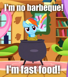 Size: 530x600 | Tagged: safe, derpibooru import, edit, edited screencap, screencap, rainbow dash, pegasus, pony, g4, magical mystery cure, adventures of sonic the hedgehog, angry, caption, cauldron, fluttershy's cottage (interior), image macro, person as food, sonic the hedgehog (series), text, tied up