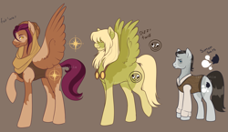 Size: 2627x1524 | Tagged: safe, artist:lesghostie, derpibooru import, oc, oc only, oc:dizzy twist, oc:far'way, oc:simon says, earth pony, pegasus, pony, brown background, coat markings, crack ship offspring, goggles, goggles around neck, magical gay spawn, male, offspring, parent:daring do, parent:derpy hooves, parent:hoo'far, parent:quibble pants, parent:sans smirk, parent:zephyr breeze, parents:dar'far, parents:derpybreeze, parents:quibblesmirk, raised hoof, raised leg, simple background, socks (coat marking), spread wings, stallion, trio, wings
