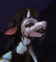 Size: 1763x1930 | Tagged: safe, artist:rvsd, derpibooru import, oc, oc only, original species, pony, abstract background, curved horn, fangs, horn, horns, licking, licking lips, long tongue, looking at you, male, pentagram, solo, stallion, tongue, tongue out, unusual pupils