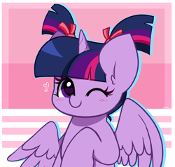 Size: 3964x3766 | Tagged: safe, artist:kittyrosie, derpibooru import, twilight sparkle, twilight sparkle (alicorn), alicorn, pony, g4, abstract background, alternate hairstyle, blush lines, blushing, bust, cute, ear fluff, ears, female, hair tie, heart, heart eyes, high res, horn, looking at you, mare, one eye closed, outline, partially open wings, pigtails, raised hoof, raised leg, signature, smiling, smiling at you, solo, twiabetes, twintails, wingding eyes, wings, wink, winking at you