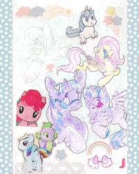 Size: 640x801 | Tagged: safe, artist:larvaecandy, derpibooru import, fluttershy, pinkie pie, rainbow dash, spike, twilight sparkle, twilight sparkle (alicorn), unicorn twilight, oc, alicorn, bat pony, pegasus, unicorn, g4, alternate eye color, alternate hair color, alternate tail color, alternate tailstyle, bat pony oc, blue eyes, colored eyebrows, colored pencil drawing, colored sketch, duality, frown, glasses, hoof fluff, horn, leonine tail, long mane, long tail, looking back, lying down, open mouth, pink mane, pink tail, prone, purple coat, purple eyes, raised hooves, self paradox, self ponidox, short horn, sitting, sketch, sketch dump, spread wings, sticker, tail, traditional art, two toned mane, two toned tail, wingding eyes, wings, yellow coat