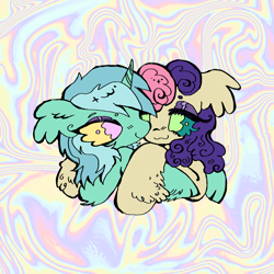 Size: 3052x3052 | Tagged: safe, artist:larvaecandy, derpibooru import, bon bon, lyra heartstrings, sweetie drops, earth pony, pony, unicorn, g4, abstract background, duo, ear fluff, ears, female, fetlock tuft, horn, hug, lesbian, lyrabon, shipping, smiling