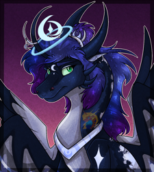 Size: 972x1080 | Tagged: safe, artist:stormy-the-dragon, derpibooru import, princess luna, alicorn, dragon, g4, blue mane, bust, crepuscular rays, crown, curved horn, digital art, dragon wings, dragonified, ethereal mane, eyelashes, eyeshadow, feather, female, gem, green eyes, hair, horn, horns, hybrid wings, jewelry, lidded eyes, logo, looking at you, lunadragon, makeup, night, peytral, portrait, purple background, race swap, regalia, scales, simple background, smiling, smiling at you, solo, sparkles, species swap, spread wings, starry mane, stars, watermark, wings, wrong eye color