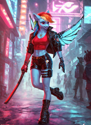Size: 1024x1408 | Tagged: safe, ai content, derpibooru import, generator:pony diffusion v6 xl, generator:stable diffusion, machine learning generated, rainbow dash, anthro, pegasus, g4, breasts, city, cybernetic arm, cybernetic wings, cyberpunk, female, katana, neon, prompter:star-dragon, rainboob dash, solo, street, sword, weapon, wings