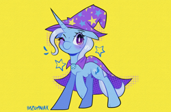 Size: 1864x1225 | Tagged: safe, artist:inzomniak, derpibooru import, trixie, pony, unicorn, g4, blushing, brooch, cape, clothes, ears, emanata, female, floppy ears, hat, horn, jewelry, looking at you, mare, one eye closed, raised hoof, raised leg, signature, simple background, smiling, smiling at you, solo, stars, trixie's brooch, trixie's cape, trixie's hat, white pupils, wink, winking at you, yellow background