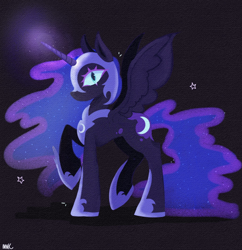 Size: 1800x1856 | Tagged: safe, artist:inzomniak, derpibooru import, nightmare moon, alicorn, pony, g4, armor, colored eyelashes, concave belly, ethereal mane, ethereal tail, female, glowing, glowing horn, helmet, hoof shoes, horn, jewelry, looking at you, magic, mare, peytral, princess shoes, purple background, raised hoof, raised leg, regalia, shadow, signature, simple background, solo, spread wings, stars, tail, wings