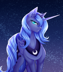 Size: 2628x3000 | Tagged: safe, artist:minelvi, derpibooru import, princess luna, alicorn, pony, g4, blue background, blue eyes, blue mane, chest fluff, concave belly, crown, curved horn, cute, digital art, ear fluff, ears, ethereal mane, eyelashes, eyeshadow, feather, female, flowing mane, folded wings, glowing, happy, high res, horn, jewelry, lidded eyes, looking at you, makeup, mare, moon, moonlight, night, peytral, redraw, regalia, s1 luna, signature, simple background, smiling, smiling at you, solo, sparkles, spread wings, starry mane, starry night, stars, sternocleidomastoid, teeth, wings