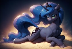 Size: 1216x832 | Tagged: safe, ai content, derpibooru import, machine learning generated, princess luna, pony, unicorn, g4, bedroom eyes, blushing, female, horn, lidded eyes, lying down, mare, prompter:vtaviscratch, prone, race swap, sexy, solo, unicorn luna