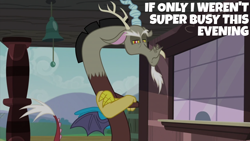 Size: 2000x1125 | Tagged: safe, derpibooru import, edit, edited screencap, editor:quoterific, screencap, discord, draconequus, dungeons and discords, g4, crossed arms, male, solo, train station, unamused