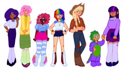 Size: 3497x1946 | Tagged: safe, artist:cloudiyeti, derpibooru import, applejack, fluttershy, pinkie pie, rainbow dash, rarity, spike, twilight sparkle, human, g4, alternate hairstyle, applejack's hat, belly button, belt, book, boots, bracelet, cardigan, clothes, cowboy boots, cowboy hat, dark skin, denim, ear piercing, earring, female, flannel, flats, grin, hat, high heels, holding hands, humanized, jeans, jewelry, leg warmers, looking at each other, looking at someone, male, mane seven, mane six, necklace, onesie, pants, piercing, shirt, shoes, shorts, simple background, size difference, skirt, smiling, socks, stockings, striped socks, sweater, t-shirt, thigh highs, white background