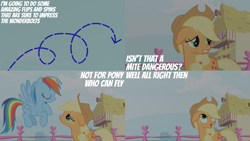 Size: 2000x1125 | Tagged: safe, derpibooru import, edit, edited screencap, editor:quoterific, screencap, applejack, rainbow dash, applebuck season, g4, ears, fence, floppy ears, ponyville