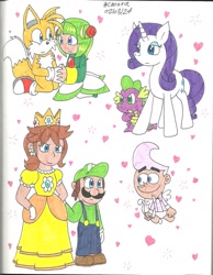 Size: 1700x2189 | Tagged: safe, artist:cmara, derpibooru import, rarity, spike, dragon, pony, unicorn, g4, cosmo the seedrian, cupid, date, female, heart, horn, luigi, male, miles "tails" prower, princess daisy, shipping, signature, simple background, sonic the hedgehog (series), sparity, sparkles, straight, super mario bros., the fairly oddparents, traditional art, white background