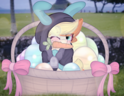 Size: 2076x1614 | Tagged: safe, artist:sodapop sprays, derpibooru import, oc, oc:sodapop sprays, pegasus, pony, basket, bunny suit, carrot, clothes, costume, dangerous mission outfit, easter, easter basket, easter egg, food, hawaii, holiday, hoodie, looking at you, real life background, solo