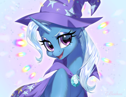 Size: 3500x2700 | Tagged: safe, artist:e-boi, derpibooru import, trixie, pony, unicorn, g4, blue background, blue mane, blushing, cape, clothes, cute, digital art, ear fluff, ears, eyelashes, eyeshadow, female, gem, glowing, gradient background, happy, hat, high res, hoof fluff, horn, lidded eyes, looking at you, makeup, mare, neck fluff, open mouth, open smile, pink eyes, raised hoof, raised leg, signature, simple background, smiling, smiling at you, solo, sparkles, stars, teeth, trixie's cape, trixie's hat