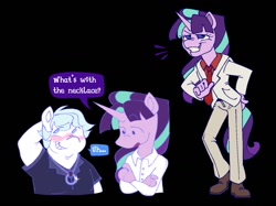 Size: 1337x1001 | Tagged: safe, artist:partyponypower, derpibooru import, double diamond, starlight glimmer, anthro, earth pony, plantigrade anthro, unicorn, g4, arm behind head, black background, blue eyes, blue mane, blushing, button-up shirt, chubby, clothes, colored pinnae, crossed arms, dialogue, dot eyes, dress shirt, dress shoes, duality, duo, duo male and female, emanata, eye clipping through hair, eyebrows, eyebrows visible through hair, female, hand on hip, horn, jewelry, long horn, looking at something, looking away, looking to side, looking to the right, male, mare, narrowed eyes, necklace, necktie, open mouth, pants, physique difference, pink coat, ponytail, purple eyes, s5 starlight, sheepish grin, shirt, simple background, smiling, speech bubble, stallion, suit, t-shirt, talking, text, thin, tied mane, two toned mane, white coat