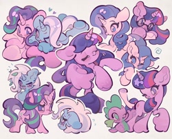 Size: 2048x1654 | Tagged: safe, artist:yanyannonoz, derpibooru import, rarity, spike, starlight glimmer, trixie, twilight sparkle, twilight sparkle (alicorn), unicorn twilight, alicorn, dragon, pony, unicorn, g4, big ears, big eyes, blue coat, blue eyes, blue mane, blue tail, blush scribble, blushing, chibi, colored eyebrows, cuddling, duality, ear blush, ears, emanata, eyes closed, female, floating heart, floppy ears, frown, glasses, glomp, gradient legs, gray background, group, heart, holding pillow, hoof hold, horn, leaves in mane, lesbian, letter, looking at each other, looking at someone, male, mare, messy mane, multicolored mane, multicolored tail, narrowed eyes, one eye closed, open mouth, open smile, partially open wings, pillow, pink coat, purple coat, purple eyes, purple mane, purple tail, quintet, raised hoof, raised leg, rearing, scroll, shiny mane, shiny tail, shipping, simple background, smiling, smiling at each other, standing, startrix, sweat, sweatdrop, tail, thick eyelashes, triality, two toned mane, two toned tail, underhoof, unicorn horn, unshorn fetlocks, wall of tags, white coat, wingding eyes, wings