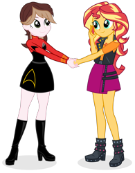 Size: 1492x1916 | Tagged: safe, artist:shizow, derpibooru import, sunset shimmer, oc, oc:captain becky ray shoichet, equestria girls, g4, boots, clothes, equestria girls-ified, rebecca shoichet, shoes, simple background, skirt, star trek, star trek: sunset shimmer, transparent background