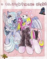 Size: 640x801 | Tagged: safe, artist:larvaecandy, derpibooru import, princess luna, oc, oc:fluffy paws, alicorn, bat pony, pony, g4, :3, bat pony oc, blue coat, blue mane, blue tail, blush scribble, blushing, canon x oc, clothes, colored pinnae, colored sclera, colored wings, colored wingtips, costume, crown, duo, ear tufts, ears, eye clipping through hair, fangs, female, floating heart, floppy ears, golden eyes, heart, hoof shoes, horn, jewelry, leonine tail, long mane, long tail, looking at each other, looking at someone, mare, missing accessory, multicolored mane, multicolored tail, nightmare night costume, one wing out, open mouth, open smile, passepartout, pink coat, princess shoes, raised hoof, raised leg, red sclera, regalia, robe, s1 luna, slit eyes, smiling, smiling at each other, standing, sticker, tail, tiara, traditional art, two toned wings, unicorn horn, wings