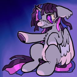 Size: 1000x1000 | Tagged: safe, artist:larvaecandy, derpibooru import, twilight sparkle, twilight sparkle (alicorn), alicorn, pony, g4, alternate color palette, alternate design, alternate hair color, alternate tail color, chest fluff, coat markings, colored belly, colored hooves, colored horn, colored muzzle, colored pinnae, colored wings, curved horn, ear fluff, ears, female, floppy ears, frown, gradient background, hoof out, horn, long mane, long tail, looking at something, mare, missing cutie mark, multicolored mane, multicolored tail, multicolored wings, pale belly, partially open wings, profile, purple eyes, shiny mane, shiny tail, signature, sitting, socks (coat marking), straight mane, straight tail, tail, underhoof, wingding eyes, wings