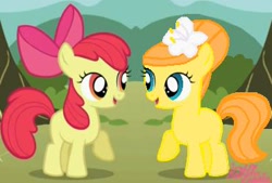 Size: 370x250 | Tagged: safe, artist:katiegirlsforever, derpibooru import, edit, edited screencap, screencap, apple bloom, oc, oc only, oc:orange bloom, earth pony, pony, g4, season 1, the show stoppers, adorabloom, blank flank, cousins, cute, duo, female, filly, flower, flower in hair, foal, ocbetes, offspring, open mouth, open smile, parent:aunt orange, parent:uncle orange, parents:the oranges, raised hoof, raised leg, smiling