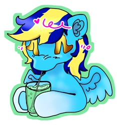 Size: 1120x1200 | Tagged: safe, artist:larvaecandy, derpibooru import, oc, oc only, oc:general mumble, pegasus, pony, blue coat, blush scribble, blushing, bust, coat markings, colored eyelashes, colored hooves, commission, drink, drinking, ear fluff, ears, emanata, eyes closed, gradient legs, male, no mouth, outline, pegasus oc, shiny mane, simple background, small wings, socks (coat marking), solo, stallion, tail, teal coat, two toned mane, two toned tail, underhoof, white background, wings