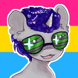 Size: 3000x3000 | Tagged: safe, artist:larvaecandy, derpibooru import, oc, oc only, oc:phes, pony, unicorn, :3, big ears, blue mane, bust, commission, ear fluff, ears, glasses, gray coat, horn, icon, male, open mouth, open smile, outline, pansexual pride flag, pride, pride flag, profile picture, shiny mane, short mane, smiling, solo, stallion, unicorn horn, unicorn oc