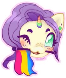 Size: 756x900 | Tagged: safe, artist:larvaecandy, derpibooru import, oc, oc only, pony, unicorn, :3, blush scribble, blushing, colored eyebrows, colored eyelashes, colored horn, commission, cream coat, ear piercing, earring, gauges, green eyes, head only, horn, jewelry, long mane, mouth hold, multicolored horn, not rarity, oc name needed, one eye closed, open mouth, open smile, outline, pansexual pride flag, piercing, pride, pride flag, purple mane, rainbow horn, shiny mane, short horn, simple background, small horn, smiling, solo, transparent background, unicorn oc, wavy mane, wingding eyes, wink