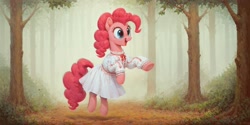 Size: 2560x1280 | Tagged: safe, ai content, derpibooru import, generator:pony diffusion v6 xl, generator:stable diffusion, machine learning assisted, machine learning generated, pinkie pie, earth pony, pony, g4, clothes, dress, embroidery, forest, forest background, jumping, nature, prompter:oranzinispegasiukas, slavic, smiling, solo, tree