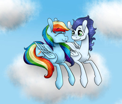 Size: 718x613 | Tagged: safe, derpibooru import, rainbow dash, soarin', pegasus, pony, g4, cloud, duo, female, male, mare, on a cloud, shipping, soarindash, stallion, straight