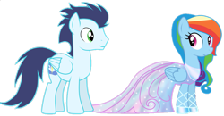 Size: 947x493 | Tagged: safe, artist:rulette, derpibooru import, rainbow dash, soarin', pegasus, pony, g4, clothes, dress, duo, female, male, mare, shipping, simple background, soarindash, stallion, straight, transparent background