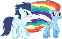 Size: 842x537 | Tagged: safe, artist:rulette, derpibooru import, rainbow dash, soarin', pegasus, pony, g4, colored wings, duo, female, long mane, long tail, male, mare, multicolored wings, rainbow power, rainbow wings, shipping, simple background, soarindash, stallion, straight, tail, transparent background, wings