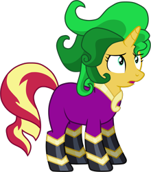 Size: 4390x5000 | Tagged: safe, alternate version, artist:octosquish7260, derpibooru import, mane-iac, sunset shimmer, pony, unicorn, g4, absurd resolution, clothes, costume, female, frown, horn, mare, open mouth, simple background, solo, transparent background, vector, wig