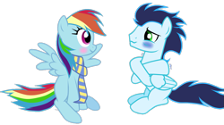 Size: 1005x562 | Tagged: safe, artist:rulette, derpibooru import, rainbow dash, soarin', pegasus, pony, clothes, cold, duo, female, gentlemen, male, mare, scarf, shipping, simple background, soarindash, stallion, straight, transparent background