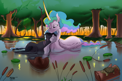 Size: 6000x4000 | Tagged: safe, artist:boxu, derpibooru import, princess celestia, oc, oc:squall windfeather, alicorn, firefly (insect), insect, pegasus, pony, turtle, background, canon x oc, cattails, content, cowboy hat, duo, ethereal mane, ethereal tail, female, forest, hat, implied shipping, lighting, lilypad, male, mare, nature, pegasus oc, pond, reeds, reflection, scar, smiling, stallion, swanlestia, swoon, tail, tree, water