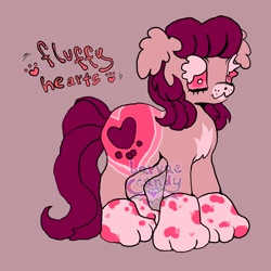 Size: 4000x4000 | Tagged: safe, artist:larvaecandy, derpibooru import, oc, oc only, oc:fluffy hearts, earth pony, pony, :3, absurd resolution, adoptable, ambiguous gender, chest fluff, coat markings, ear fluff, ears, earth pony oc, eyelashes, floppy ears, hoof shoes, long mane, long tail, pink coat, pink eyes, purple background, purple mane, purple tail, red text, simple background, smiling, solo, tail, text, watermark, wingding eyes