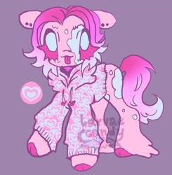 Size: 3008x3074 | Tagged: safe, artist:larvaecandy, derpibooru import, oc, oc only, earth pony, pony, :3, :p, adoptable, ambiguous gender, big eyes, blue eyes, cloven hooves, colored hooves, colored sclera, ear piercing, earring, earth pony oc, eye clipping through hair, eyelashes, fetlock tuft, gradient mane, gradient tail, high res, jewelry, long tail, multicolored mane, multicolored tail, piercing, pink coat, pink sclera, purple background, short mane, simple background, smiling, solo, standing, tail, tongue, tongue out, unnamed oc, watermark