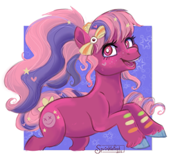 Size: 863x819 | Tagged: dead source, useless source url, safe, artist:sprinklefest, earth pony, pony, 2021, abstract background, female, freckles, hair accessory, looking at you, mare, open mouth, open smile, passepartout, ponytail, rearing, side view, smiling, smiling at you, solo, unshorn fetlocks