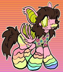 Size: 3336x3832 | Tagged: safe, artist:larvaecandy, derpibooru import, oc, oc only, oc:batty mcbatterson, bat pony, pony, antennae, bat pony oc, big ears, big eyes, blush scribble, blushing, brown mane, brown tail, clothes, colored muzzle, colored pinnae, colored sclera, colored wings, ear tufts, ears, eye clipping through hair, fangs, gradient background, green eyes, green sclera, long mane, long socks, long tail, looking at you, outline, partially open wings, patterned background, pink coat, rainbow socks, sharp teeth, smiling, smiling at you, socks, solo, striped socks, tail, teeth, two toned wings, veiny wings, wings