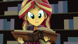 Size: 1920x1080 | Tagged: safe, artist:ontheedgeht, derpibooru import, sunset shimmer, human, equestria girls, g4, 3d, book, bookshelf, confused, female, solo