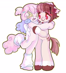 Size: 3721x4096 | Tagged: safe, artist:larvaecandy, derpibooru import, oc, oc only, earth pony, pegasus, pony, semi-anthro, :3, ><, ambiguous gender, arm fluff, blush scribble, blushing, bow, chest fluff, clothes, coat markings, colored eyelashes, colored hooves, colored wings, commission, curly hair, curly mane, curly tail, duo, ear fluff, ears, earth pony oc, eye clipping through hair, eyes closed, eyeshadow, floppy ears, folded wings, hair accessory, hair bow, hairclip, high res, hug, leg warmers, lidded eyes, long mane, long tail, looking at each other, looking at someone, makeup, oc name needed, oc x oc, open mouth, open smile, outline, pegasus oc, pink coat, pink tail, raised leg, red eyes, shipping, simple background, smiling, smiling at each other, socks (coat marking), straight mane, straight tail, tail, two toned mane, two toned tail, unshorn fetlocks, white background, wingding eyes, wings, ych result