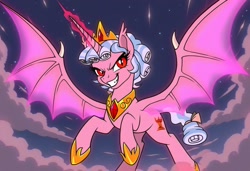 Size: 1216x832 | Tagged: safe, ai content, derpibooru import, machine learning generated, cozy glow, alicorn, demon, demon pony, pony, alicornified, bat wings, cloud, cozycorn, crown, demon wings, evil, evil smirk, flying, glowing, glowing horn, horn, image, jewelry, needs more jpeg, peytral, prompt in description, prompter:axeleif, pure concentrated unfiltered evil of the utmost potency, pure unfiltered evil, race swap, regalia, sky, solo, wings