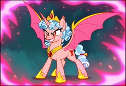 Size: 1216x832 | Tagged: safe, ai content, derpibooru import, machine learning generated, cozy glow, alicorn, demon, demon pony, pony, alicornified, bat wings, cozycorn, crown, demon wings, evil, evil smirk, glowing, glowing horn, horn, image, jewelry, magic fire, needs more jpeg, peytral, prompt in description, prompter:axeleif, pure concentrated unfiltered evil of the utmost potency, pure unfiltered evil, race swap, regalia, sky, solo, wings