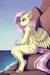 Size: 4000x6000 | Tagged: safe, artist:froxifox, derpibooru import, fluttershy, anthro, pegasus, unguligrade anthro, g4, artistic nudity, belly button, breasts, ear fluff, ears, female, nudity, ocean, sad, sitting, unshorn fetlocks, water, wings