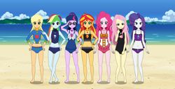 Size: 2935x1500 | Tagged: safe, artist:neoduelgx, derpibooru import, applejack, fluttershy, pinkie pie, rainbow dash, rarity, sci-twi, sunset shimmer, twilight sparkle, human, equestria girls, g4, adorasexy, applejack's beach shorts swimsuit, beach, beach shorts swimsuit, belly button, bikini, clothes, cute, fluttershy's beach shorts swimsuit, glasses, group, humane five, humane seven, humane six, kisekae, looking at you, midriff, ocean, rainbow dash's beach shorts swimsuit, rarity's beach shorts swimsuit, rarity's purple bikini, sexy, summer, sunset shimmer's beach shorts swimsuit, swimsuit, water