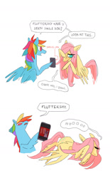 Size: 1080x1745 | Tagged: safe, artist:pocketss, derpibooru import, fluttershy, rainbow dash, pegasus, pony, 2 panel comic, cellphone, comic, dialogue, duo, duo female, eyes closed, female, hair over one eye, hoof hold, lying down, mare, on side, phone, simple background, smartphone, speech bubble, white background