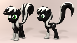 Size: 1920x1080 | Tagged: safe, artist:whiteskypony, derpibooru import, oc, oc only, oc:zenawa skunkpony, hybrid, skunk, skunk pony, 3d, claws, hybrid oc, male, model, paws, raised tail, smiling, solo, stallion, tail, unshorn fetlocks