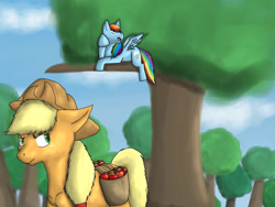 Size: 1280x960 | Tagged: artist needed, safe, derpibooru import, applejack, rainbow dash, earth pony, pegasus, apple, food, tree