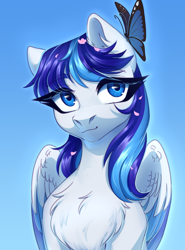 Size: 2224x3000 | Tagged: safe, artist:nika-rain, derpibooru import, oc, oc only, oc:snowflake flower, butterfly, pegasus, pony, cute, female, gradient background, not shining armor, sketch, sky, solo