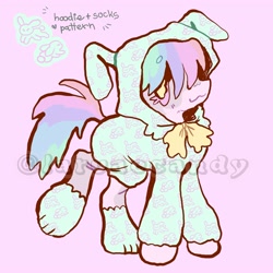 Size: 4000x4000 | Tagged: safe, artist:larvaecandy, derpibooru import, oc, oc only, earth pony, pony, rabbit, :3, absurd resolution, adoptable, ambiguous gender, animal, beanbrows, bunny hood, earth pony oc, eyebrows, eyebrows visible through hair, eyelashes, hoof shoes, multicolored hair, multicolored mane, multicolored tail, onesie, pink background, pink coat, pink eyes, rainbow hair, rainbow tail, raised leg, simple background, smiling, solo, standing, tail, unnamed oc, wingding eyes